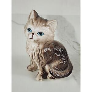 Mini Cat Kitty Kitten Figurine Blue Eyes 4" Brown Charm Porcelain 80's Vintage